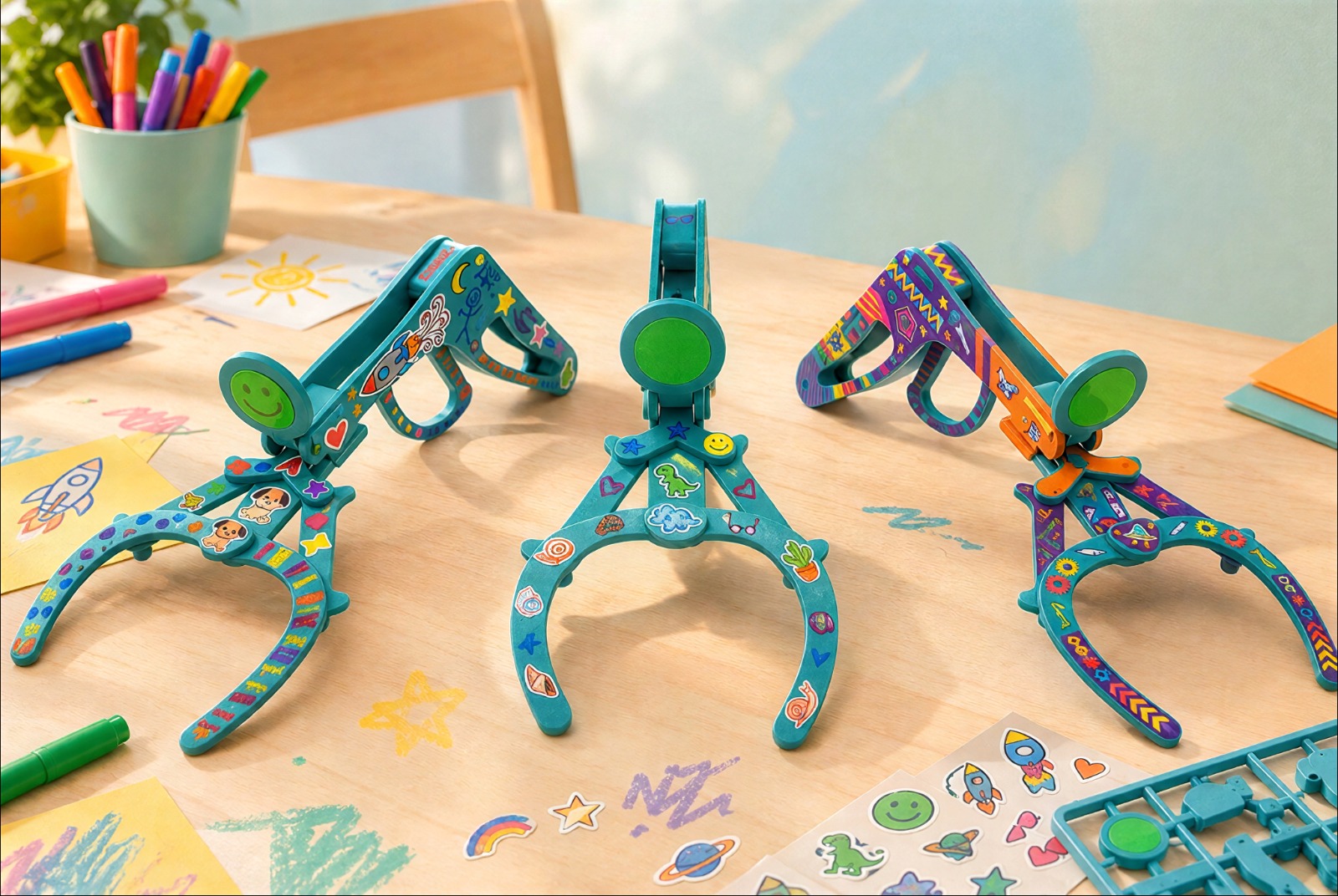 Three assembled kits decorated with drawings and stickers