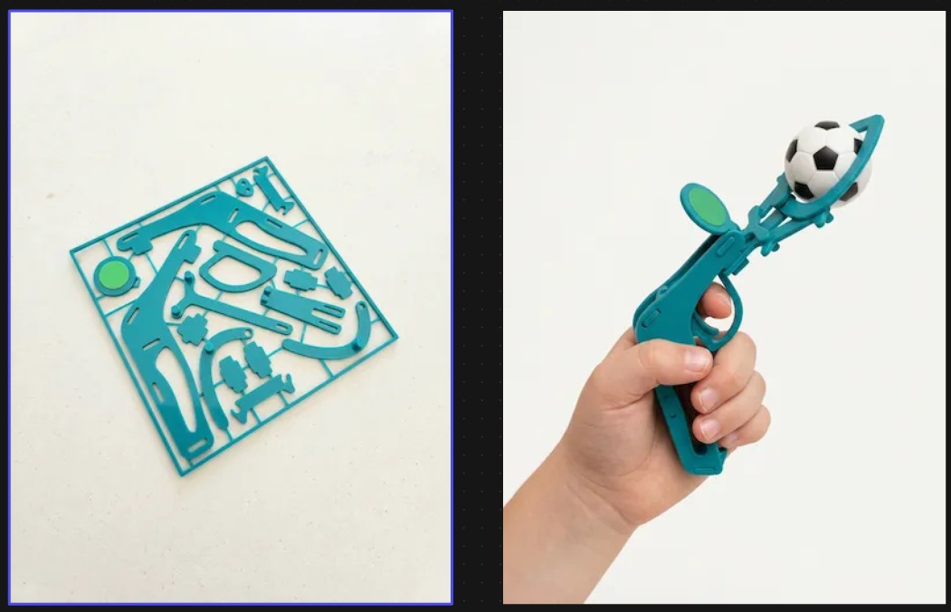 A turquoise building kit before and after assembly
